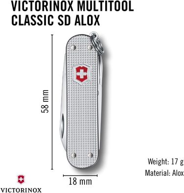 Мультитул Victorinox Classic SD Alox – Швейцарський ніж, 5 функцій, сріблястий, з напилком