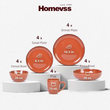 Посуд HomeVSS 20 предметів для 4 осіб: тарілки та миски помаранчевого кольору з ефектом розбризкування, мікрохвильовий та посудомийний