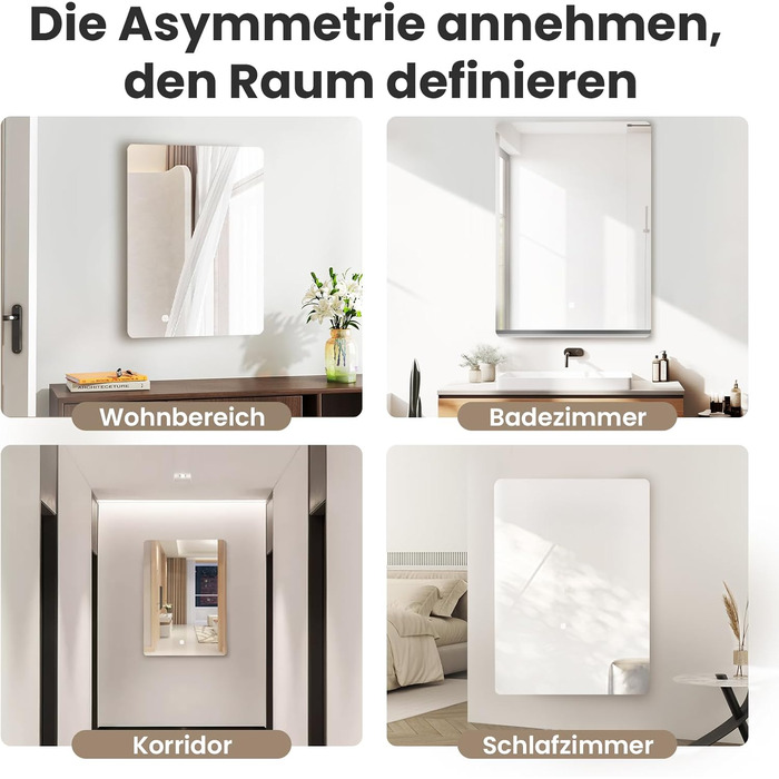 Дзеркало для ванної кімнати LED 50x70 см з підсвічуванням, сенсорне керування, регулювання яскравості, 3 кольори світла, без рамки