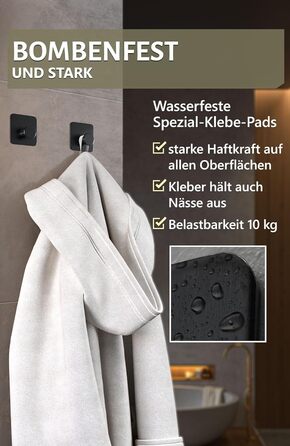 Набір гачків для рушників 4smile - 5 шт. без свердління, чорний колір, для ванної кімнати, самоклеючі, extra-strong, з 3M-клейкими панелями