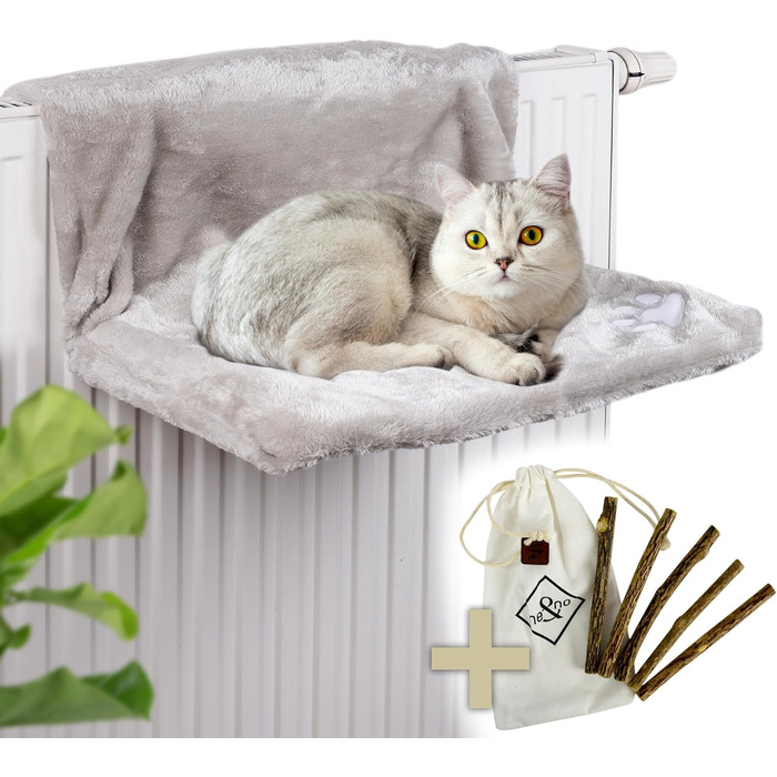 Cat Bed for Radiators incl. 5 Matatabi Sticks | COZY RADIATOR BED | Suitable for all radiators | Cat hammock for radiators | Free from harmful substances | with removable insert (Light - Grey)