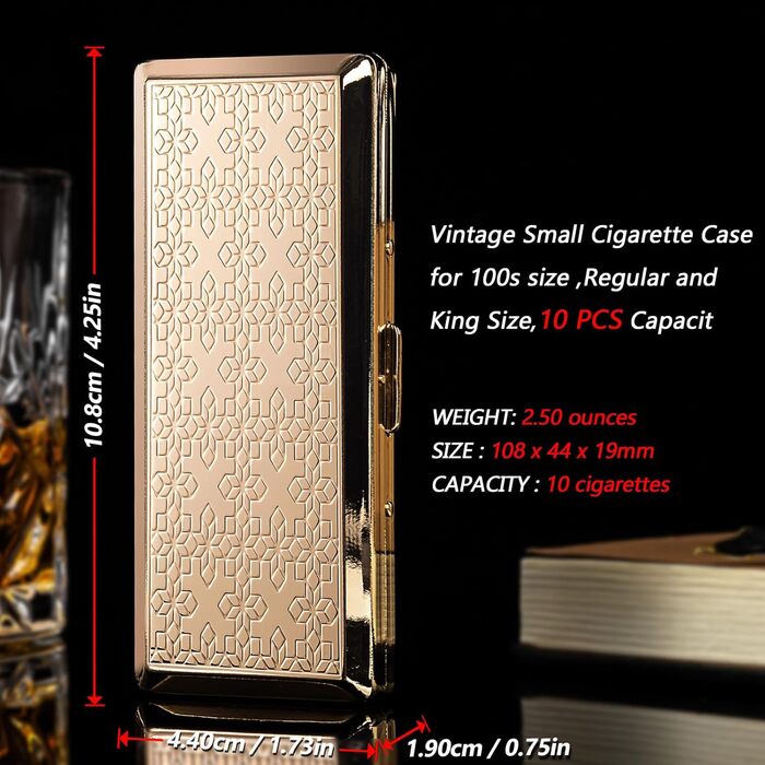 Вінтажний металевий тютюнониця для жінок та чоловіків, вміщує 18-20 сигарет (100 мм), золотий у горошок
