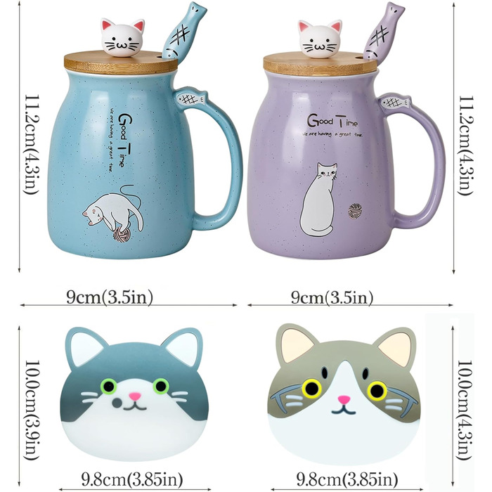 2-Pack Cat Mugs - Cute Ceramic Coffee Cups Set of 2 with Bamboo Lid and Spoon - Novelty Morning Cup Coffee, Milk, Tea Cups - 3D Cat Animal Mugs for Cat Lovers (blue and purple)