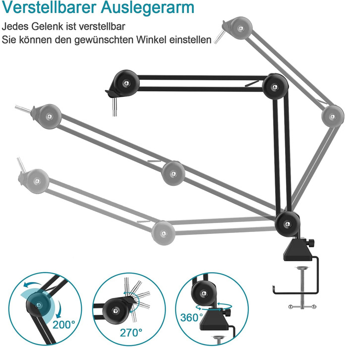 Кріплення для мікрофона на подовжувачі, регульоване, чорне. Сумісне з Blue Yeti, HyperX QuadCast. З адаптером 3/8' - 5/8'.