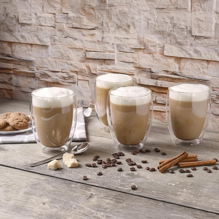 Creano Double-Walled XXL Insulated Glass 400ml, Extra Large Heat-Resistant Coffee/Tea/Latte Macchiato Glass Made of Borosilicate Glass, Set of 4