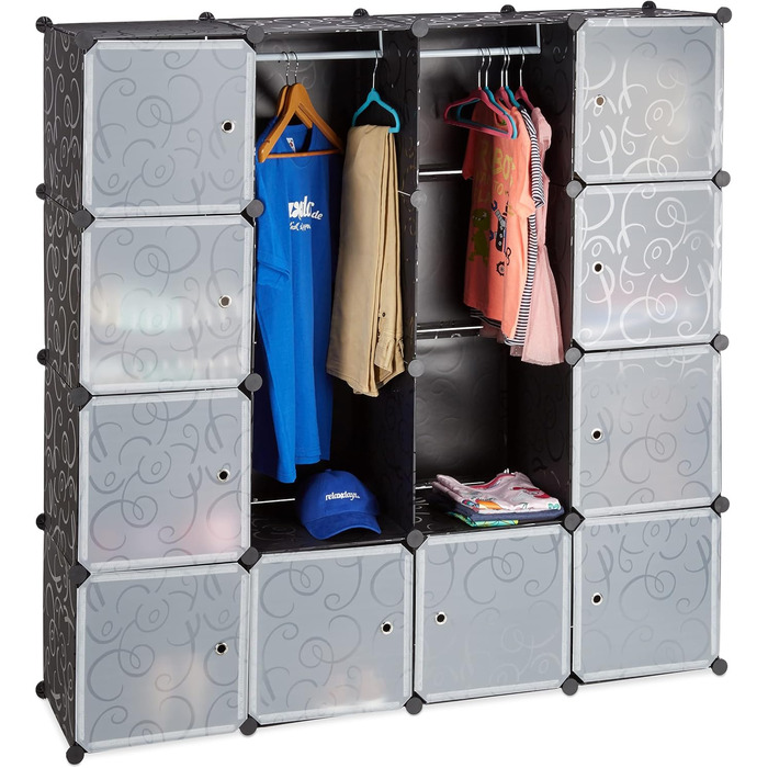 Relaxdays Modular Clothes Rack with 12 Compartments, Large Plastic Wardrobe, 145.5 x 145.5 cm, White (Black)