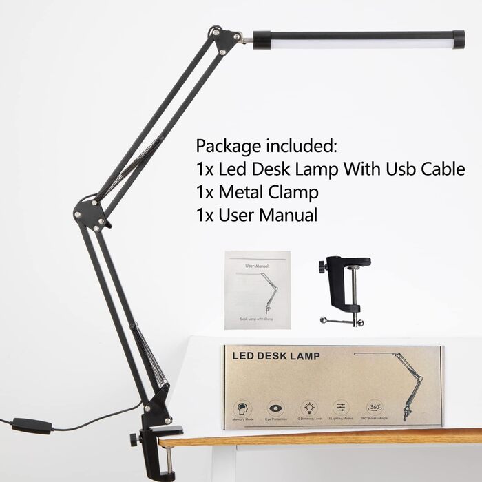 LED лампа настільна з регульованим шарніром, USB, диммування, захист очей, 3 режими, 10 рівнів яскравості, функція пам'яті для дому та офісу