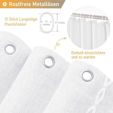 Тканинний душовий завіс BTTN 182 x 200 см, Бохо-фермерський стиль, з кистями, водовідштовхувальний, з вагою, 12 гачків, (Білий, смугастий)