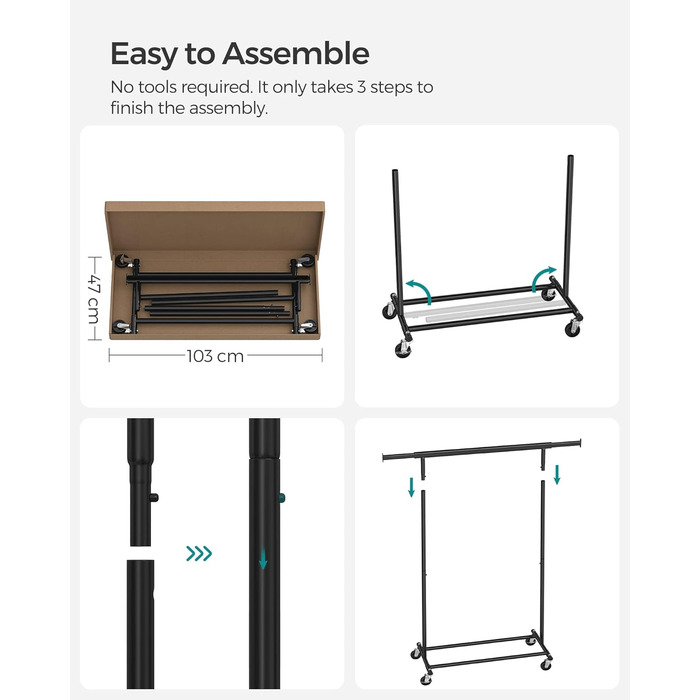 SONGMICS Heavy-Duty Clothes Rack, 2-Piece Set, Rolling Garment Rack, Holds up to 90 kg, with Extendable Closet Rod, Folding Base, Storage for Boxes, HSR013S02 (Black)