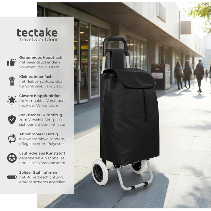 Складаний візок для покупок tectake® на колесах, сумка-шопер для продуктів та кемпінгу, чорна, 38 л