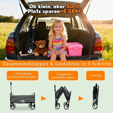 Складний візок-тележка Bollerwagen 80 кг, сірий: для саду, кемпінгу, фестивалів, пляжу. З тримачем для напоїв.