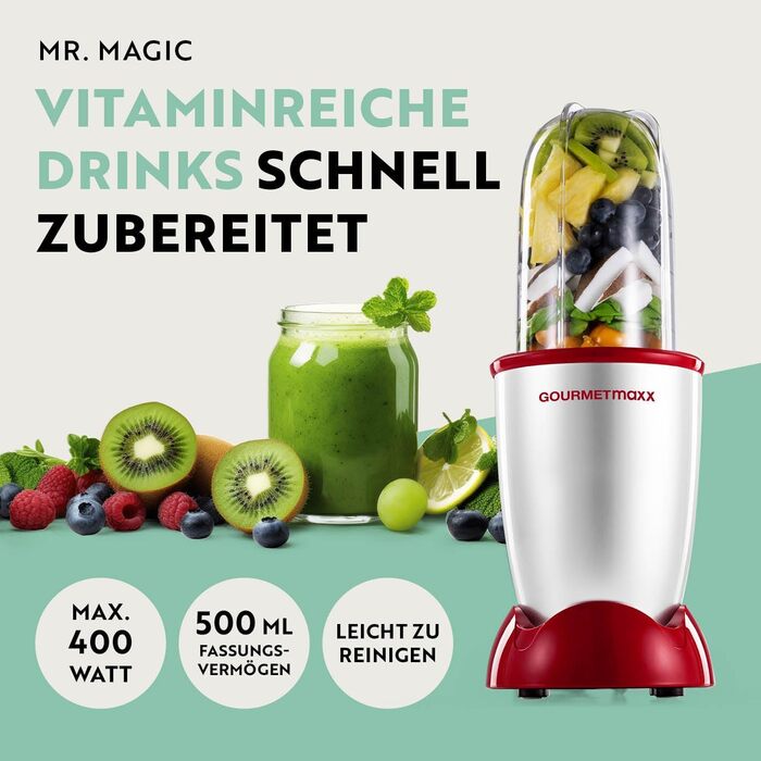 GOURMETmaxx Mr. Magic: Блендер для смузі та шейків 400W | Комплект з насадкою, чашею 500мл та кришкою To Go | Срібно-червоний | 4-в-1