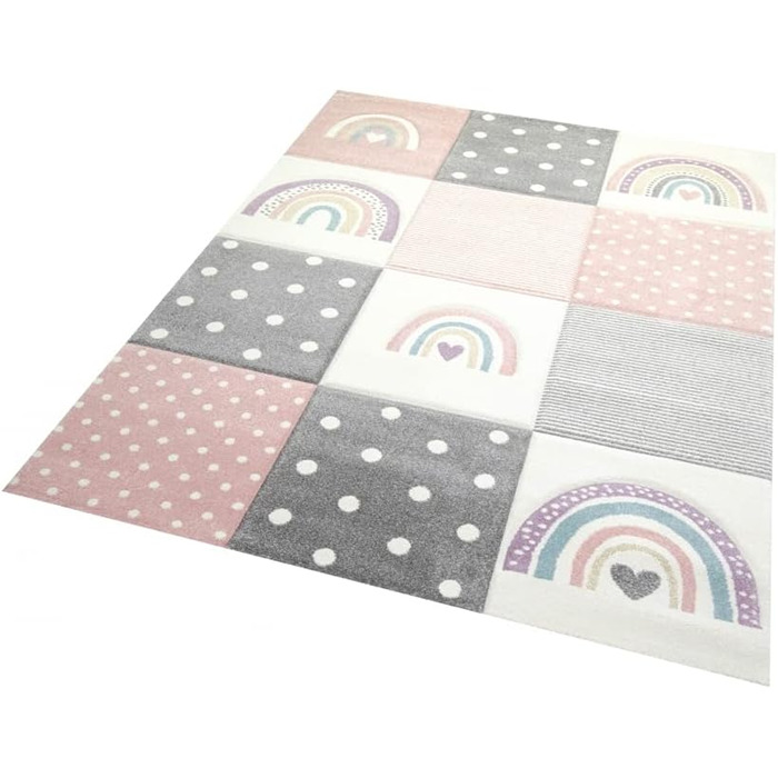 Carpet Dream Kids' Room Carpet Play Carpet Rainbow Dots Hearts Pink Gray Cream Size 140x200 cm 140x200 cm Pink Gray Cream