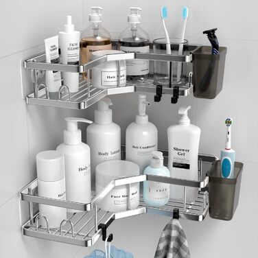 FINIBO Shower Shelf No Drilling, 2 Pack Self-Adhesive Corner Shelf Bathroom Organizer, Shower Shelf Stainless Steel with 4 Hooks and 2 Toothpaste Holders, Black Shower Shelf Shower Basket for Bathroom Kitchen