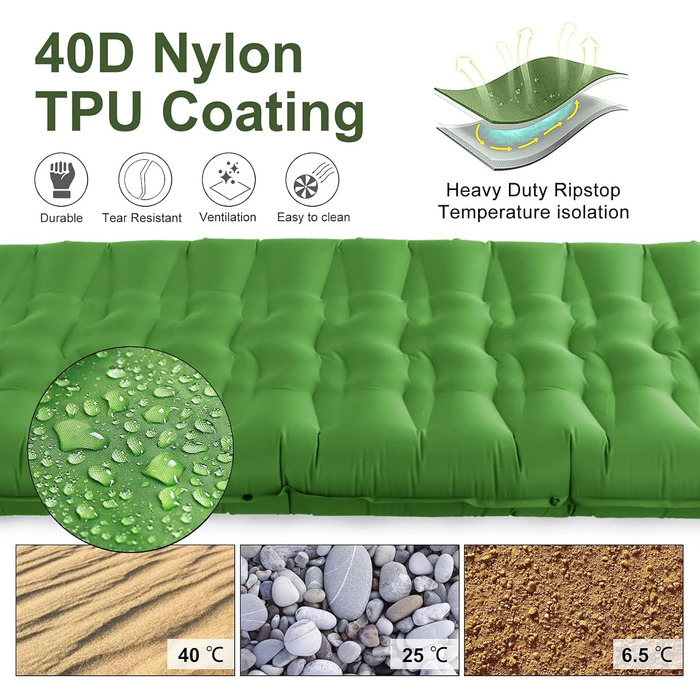 Каремат для кемпінгу самонадувний, 12 см, ультралегкий, з насосом та подушкою. Підходить для туризму, пляжу та відпочинку на природі (зелений)