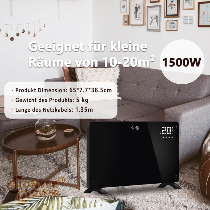 Конвектор DONYER POWER 2500W з Wi-Fi, чорний, з таймером та пультом керування, скло, настінний/підлоговий