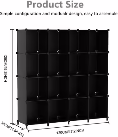 AWTATOS Closet with 16 Cubes, Storage Shelves, DIY Cube Shelf, PP Plug-in Shelf, Plastic, Kids' Shelf, Toy Shelf, Folding Closet, Shelves, Standalone Shelf, Black ULPZ017