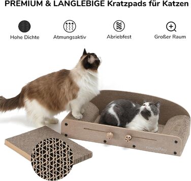 Cat Scratch Board, 66CM Durable Scratch Cardboard and Felt, Large Lounger, 2 Reversible Cat Scratch Pads for Cats, Recyclable Cardboard Cat Bed with Bell Ball Toy, Caramel Color (Large Format Beige)