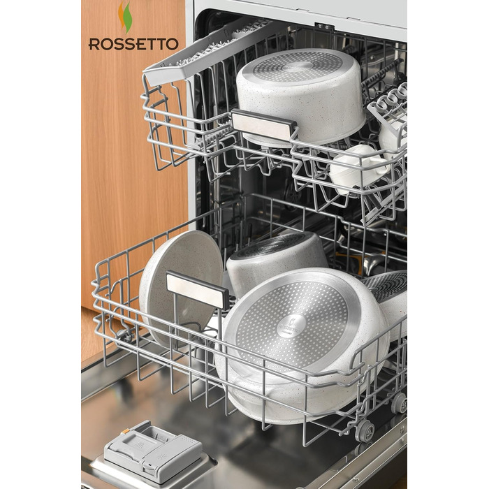 Набір посуду ROSSETTO 23 предмета з знімними ручками та керамічним антипригарним покриттям, складається для зберігання. Включає: каструлі, сковорідки, сотейники, казани. Без PFOA та PFOS.