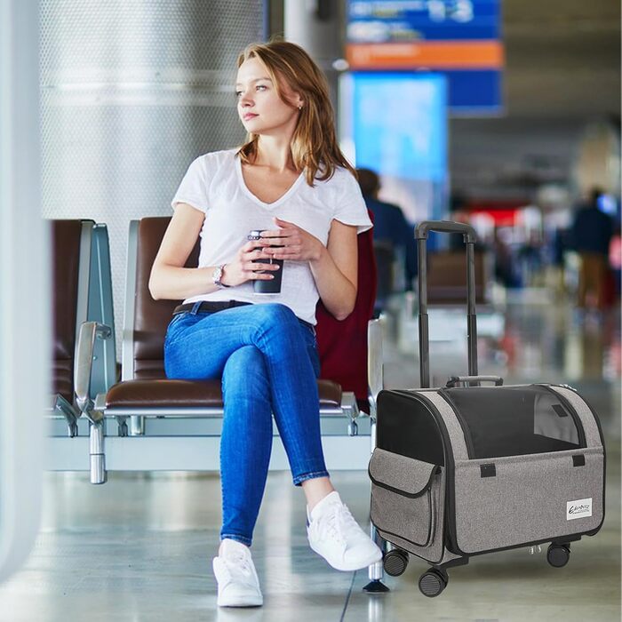 Чемодан для собак та котів Galatée з колесами, переноска для тварин, схвалена авіаперевозниками, складна переноска з дихаючою сіткою, візок для домашніх тварин (білий/сірий)