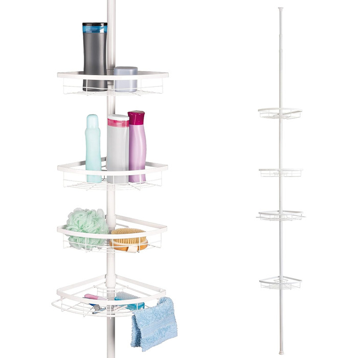 Bremermann Telescope Corner Shelf, 4 Baskets, Telescope Rod up to approx. 290 cm (White)