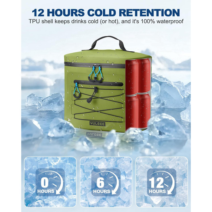 Кühltasche 24L: Водонепроникна сумка-холодильник для пікніка, пляжу, кемпінгу, офісу, транспортування продуктів (армійний зелений)