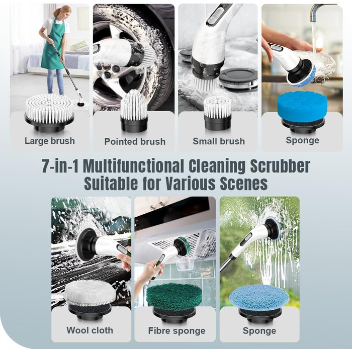 Electric Cleaning Brush, Temodu 7-in-1 Electric Spin Scrubber, Shower Cleaning Brush with Adjustable, 7 Interchangeable Drill Brush Heads for Bathroom/Glass/Tiles/Floor/Car
