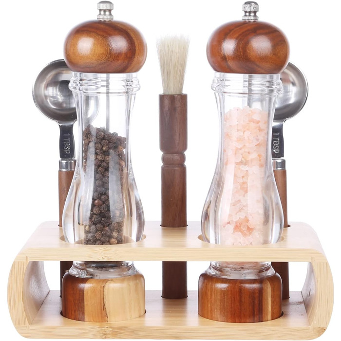 Набір для солі та перцю KKC з дерева, 8 дюймів, з регульованим керамічним механізмом, лопатки та щітка для дому та ресторану
