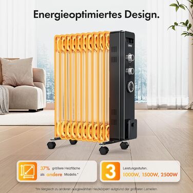 Масляний радіатор VonHaus 11 ребер, 2.5 кВт, з термостатом, чорний | Електричний нагрівач для дому та офісу