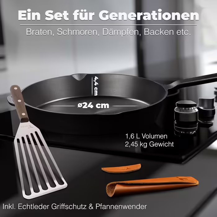 TECOR Gusseisenpfanne Induction - honed, universal, natural - Durable Cast Iron Induction Pan - Non-stick Cast Iron Induction Pan, simply top quality - Cast iron pan induction (24 cm, Honed Cast Iron)