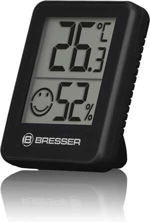 Bresser 6-Piece Thermometer Hygrometer Set - Digital Room Thermometer for Controlling Indoor Humidity, Refrigerator Suitable, Wall Mounting and Magnetic, Mold Prevention - Smiley Indicator, Black