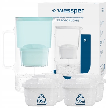 Скляний фільтр-кувшин Wessper D2 BOROSILICATE 3л, м'ятний + 5 фільтрів