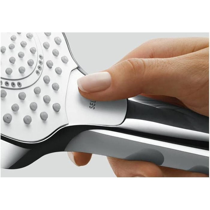 hansgrohe Croma Select S - Showerhead, Hand Shower with 3 Spray Patterns, Round Showerhead (110 mm), Showerhead with Anti-Limescale Function, White/Chrome, 26802400 (3 water-saving spray patterns, 9l/min)