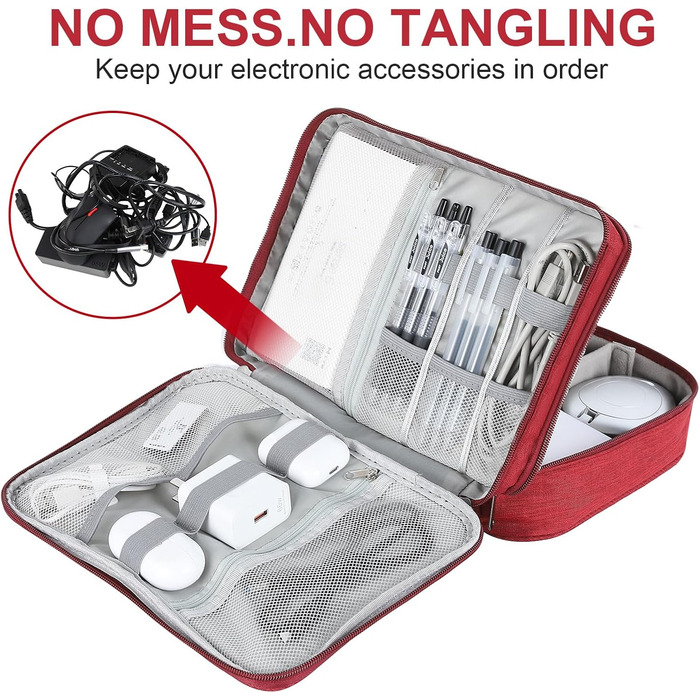 Органайзер для кабелів AiQInu: універсальна дорожня сумка-кубик для кабелів, 3-шаровий водонепроникний органайзер для зарядних кабелів, Powerbank, USB-накопичувачів, SD-карт (червоний)