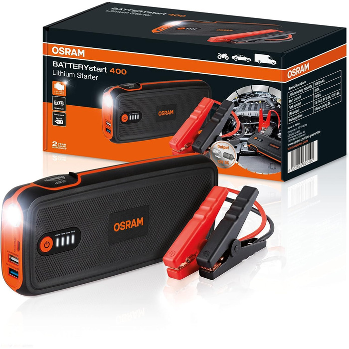 Osram BATTERYstart 400: Літієвий пусковий пристрій 2000A 12V з Powerbank, для бензинових та дизельних двигунів до 8L/4L, 16800mAh