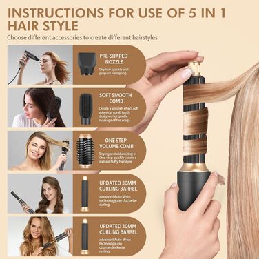 Airstyler 6 в 1: Фен-щітка для волосся Bürste Set, 5 насадок для сушки, випрямлення, локонів, об'єму та догляду. Підходить для всіх типів волосся