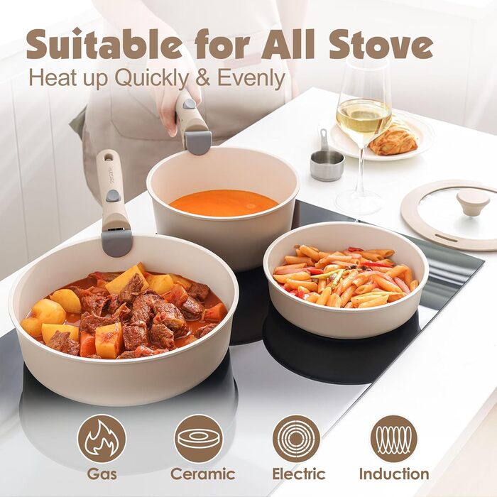 SENSARTE 17-Piece Ceramic Nonstick Cookware Set with Detachable Handle - Induction Compatible, Dishwasher Safe (Beige)