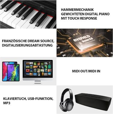 Електронне піаніно MUSTAR 88 клавіш з табуретом, цифрове піаніно, чорне. USB/MIDI, LCD, для початківців