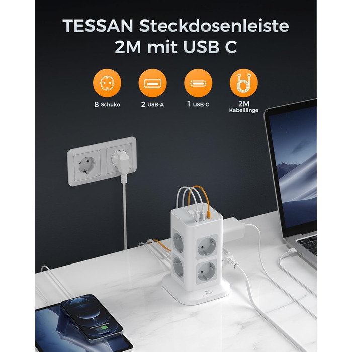 Багаторозкладна мережева панель TESSAN з захистом від перенапруги, 3600W, 16A, 8 розеток, USB-C, 2м кабель, сірий колір