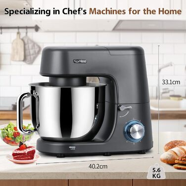 Кухонна машина-міксер 1800W з чашею 7.2L з нержавіючої сталі, 6 швидкостей, низький шум, мультифункціональна (сірий)