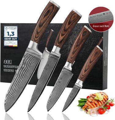 Набір кухонних ножів Wakoli EDIB Damast 4 шт. з дамаської сталі (67 шарів) з серцем VG10 та ручкою з паккавуду. Включає: Сантоку, офісний ніж, ніж для м'яса. У подарунковій коробці з можливістю індивідуальної гравірування.