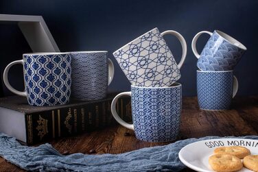 Set of 6 coffee cups with black and white geometric pattern, ceramic tea cup set of 6 (black cup set) (Blue)
