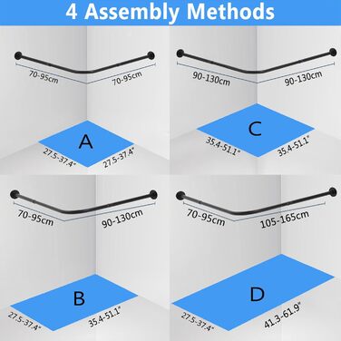 Штанга для душової завіси чорного кольору L-подібної форми, розширювана, з нержавіючої сталі 304, без свердління, для ванної кімнати/ванни (70-95 см x 70-95 см)