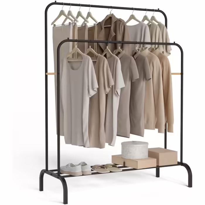 Металевий вішак для одягу Newlux Hangy Duo 30, до 24 кг, з полицею для взуття, чорний, 50x40x160 см, стійкий, легка збірка, захист підлоги