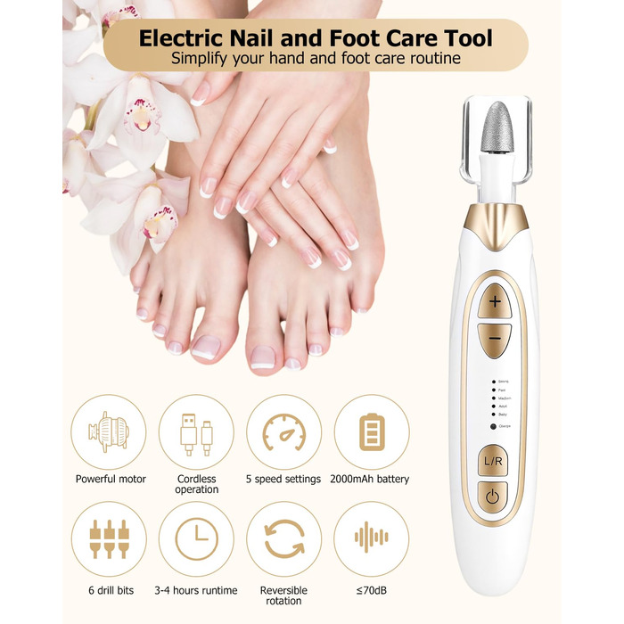 Набір для манікюру та педикюру з електричною насадкою для шліфування нігтів, 6 насадок, 20 шліфувальних кілець, 5 швидкостей, LED-підсвічуванням, білий
