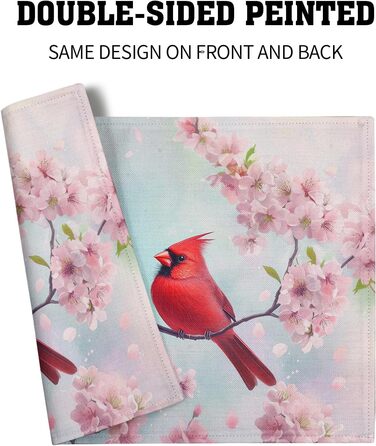 Giwawa Placemats with Spring Birds, 30.5 x 45.7 cm, red bird, cherry blossoms, floral pattern, stain-resistant, heat-resistant, linen, placemats for kitchen, dining table, seasonal party, indoor and