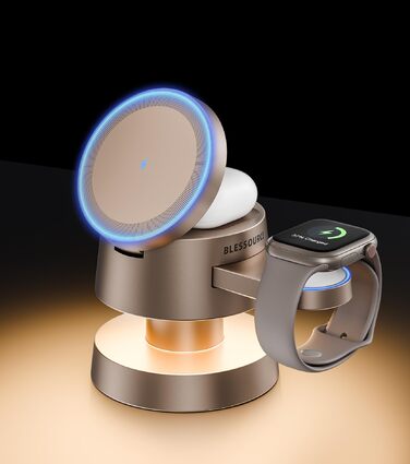 База для бездротової зарядки 4-в-1 для iPhone 17/16/15/14 Pro Max з нічним світлом, сумісна з Apple Watch та AirPods (Золота)