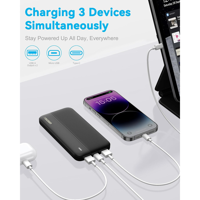 Power Bank GREPRO 10000mAh: компактний зарядний пристрій з USB-C та 2 USB виходами, чорний