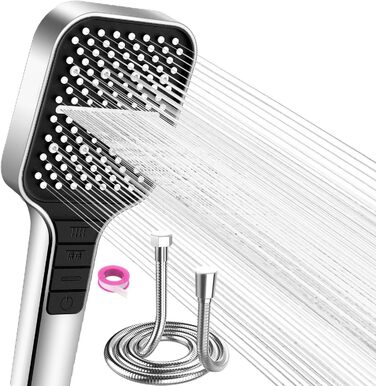 Насадка для душу VEHHE з економним споживанням води, 7 режимів, дощова лійка з кнопкою зупинки, регулюванням однією рукою та силіконовою форсункою, що запобігає засміченню, велика душова лійка з підвищенням тиску (срібна) (7 режимів / срібна / з шлангом)