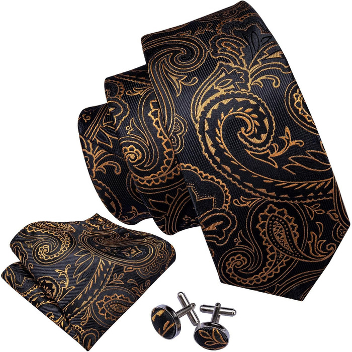 Набір краватки, кишенькового хустинки та запонок Barry.Wang: Шовкова краватка з квітковим візерунком Paisley, чорно-золота, для весілля та свят